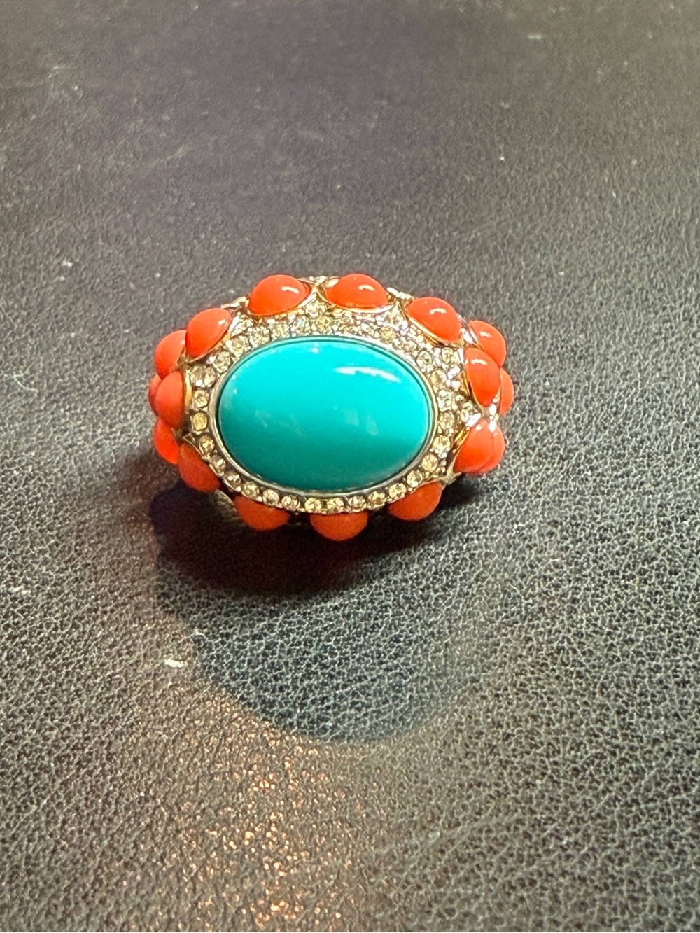 90s Kenneth Jay Lane KJL Faux Turquoise & Coral Cabochon Ring w/Rhinestones Sz 7
